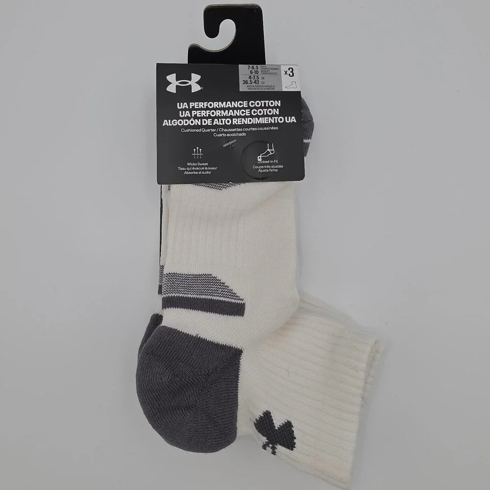 Under Armour Mens UA Performance Cotton Cushioned Quarter Socks 3-Pk 1379528 NWT